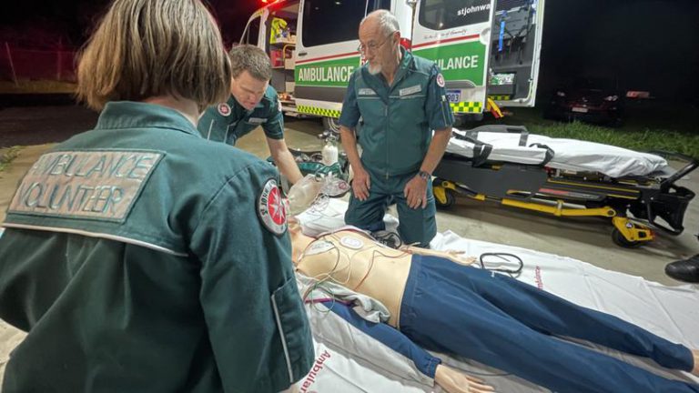 St John volunteers training using the new resuscitation training mannequins.