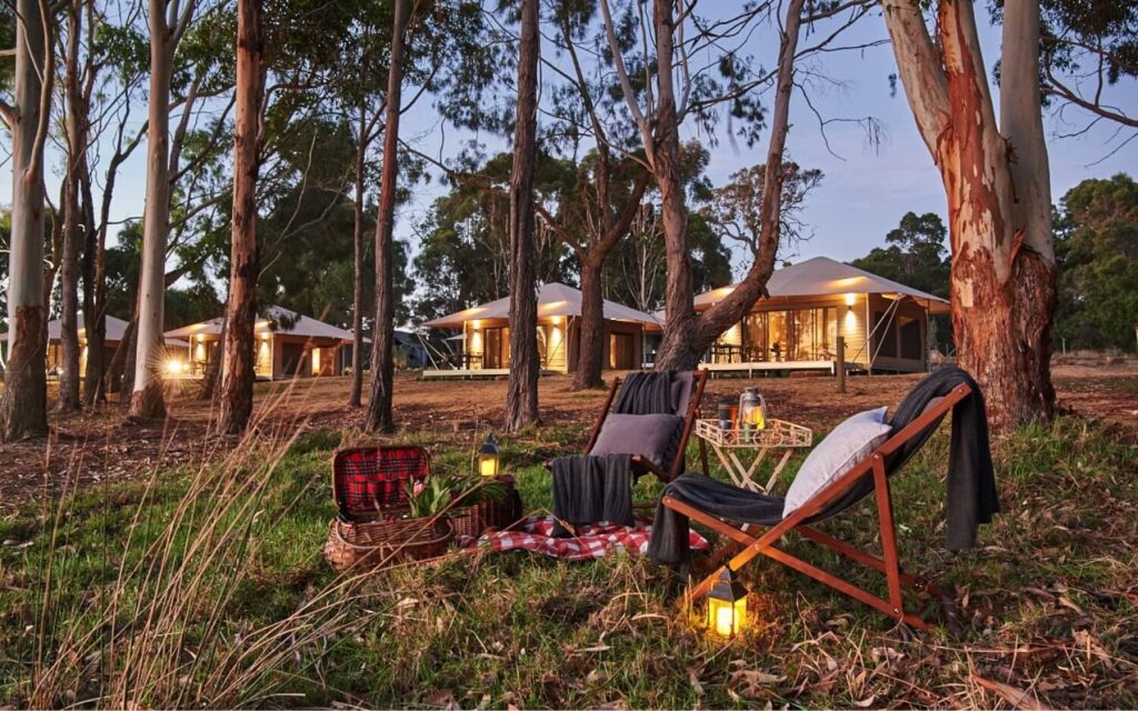 Image of a picnic in front of glamping tents